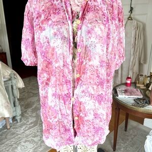 Gitano Floral Roses white and Pink Button-Up Blouse L cotton
